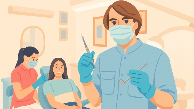 Un endodentiste se préparant à anesthésier pour une patiente