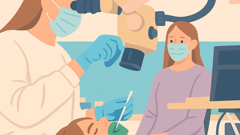 Un endodentiste utilisant un microscope sur un patient