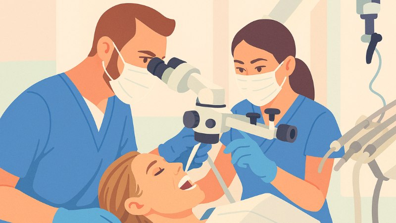 La préparation du canal radiculaire d'une patiente sous microscope