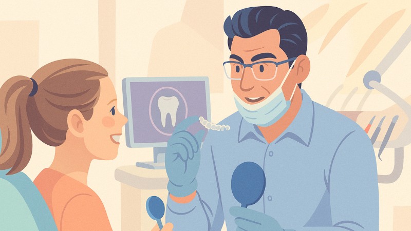 Un dentiste qui présente sa gouttière dentaire Invisalign à une jeune patiente