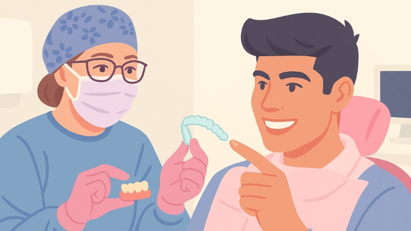 Une dentiste qui présente à son patient son nouvel appareil dentaire transparent