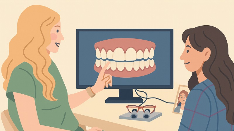 Un dentiste qui explique à une patiente l'importance d'un détartrage